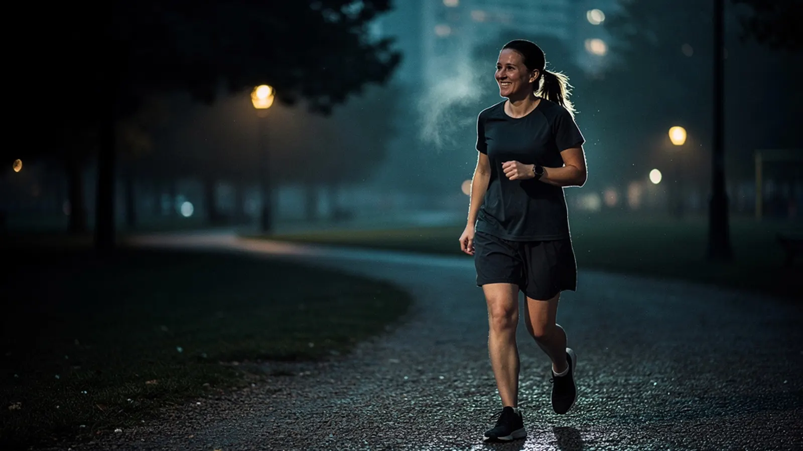 A woman in her thirties on an easy jog along a park path at dawn, street lamps glowing in the mist.